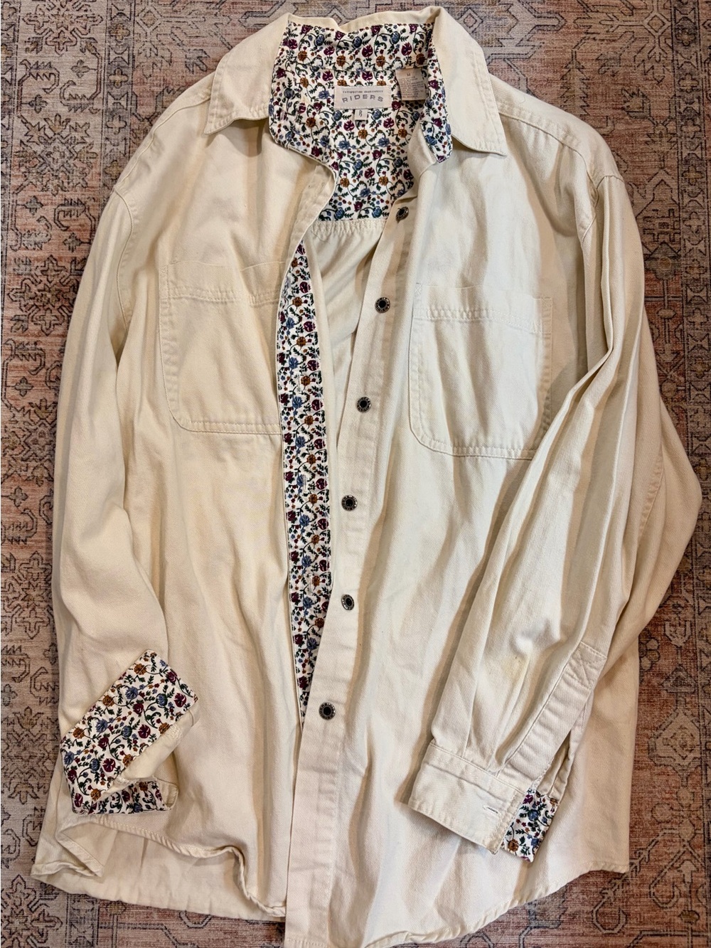 Riders by Lee Vintage Cream Button-Up Shirt Jacket with Floral Trim 100% Cotton